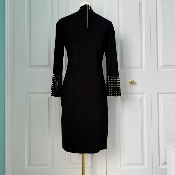 CALVIN KLEIN | Black Gold Studded Knit Sheath Dress Sz M - Picture 2 of 8